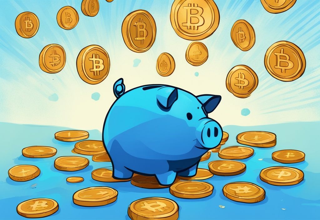 Digitales Gemälde mit blauem Thema, das ein Sparschwein zeigt, in das Kryptowährungsmünzen fallen, und einen stetig wachsenden Stapel im Inneren darstellt; ideal für Krypto Sparplan.