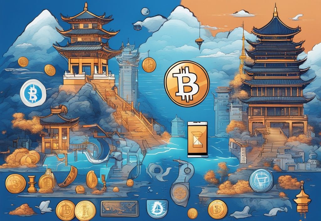 Moderne digitale Malerei mit blauer Farbgebung, zeigt ikonische chinesische Wahrzeichen und Symbole, vermischt mit Kryptowährungen wie Bitcoin, Ethereum und Litecoin.