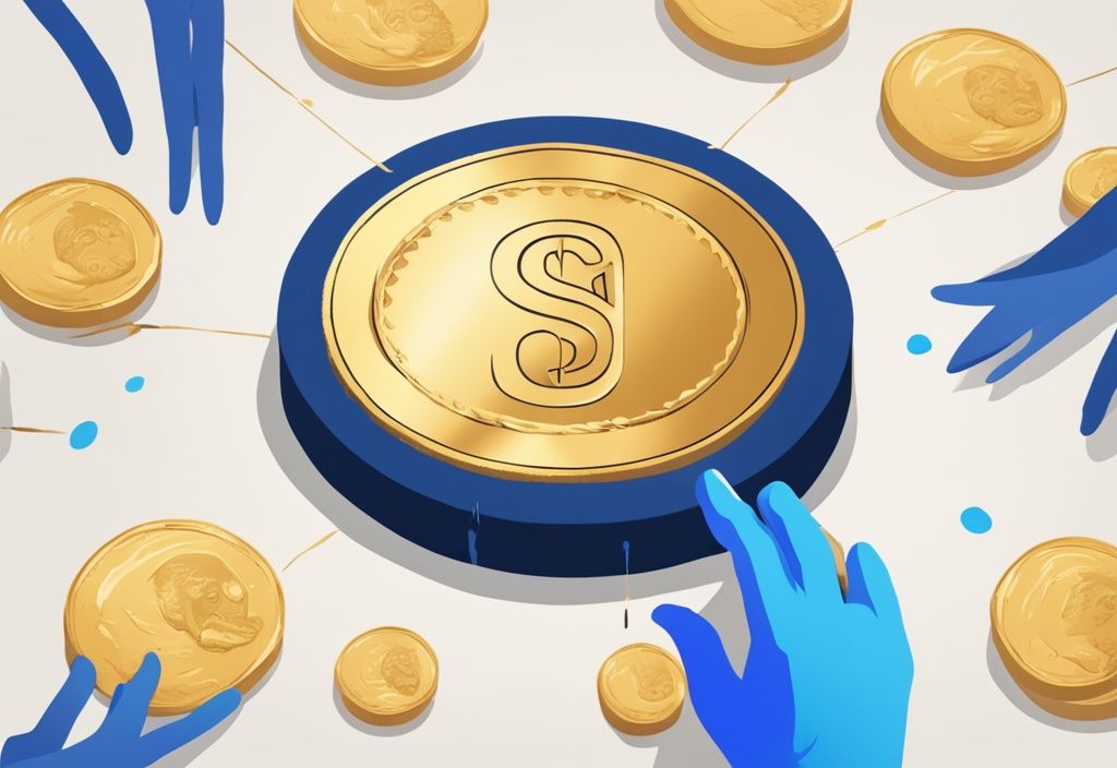 Moderne digitale Malerei mit einer Hand, die eine goldene Münze mit Bitpanda-Logo in einen sicheren Tresor legt, was den Schutz von Einlagen symbolisiert