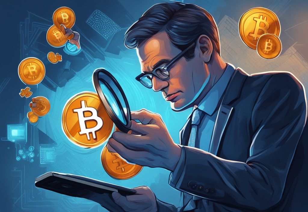 Steuerbeamter untersucht leuchtendes Bitcoin-Symbol mit Lupe, digitale Illustration in Blau, Kryptowährung Untersuchung