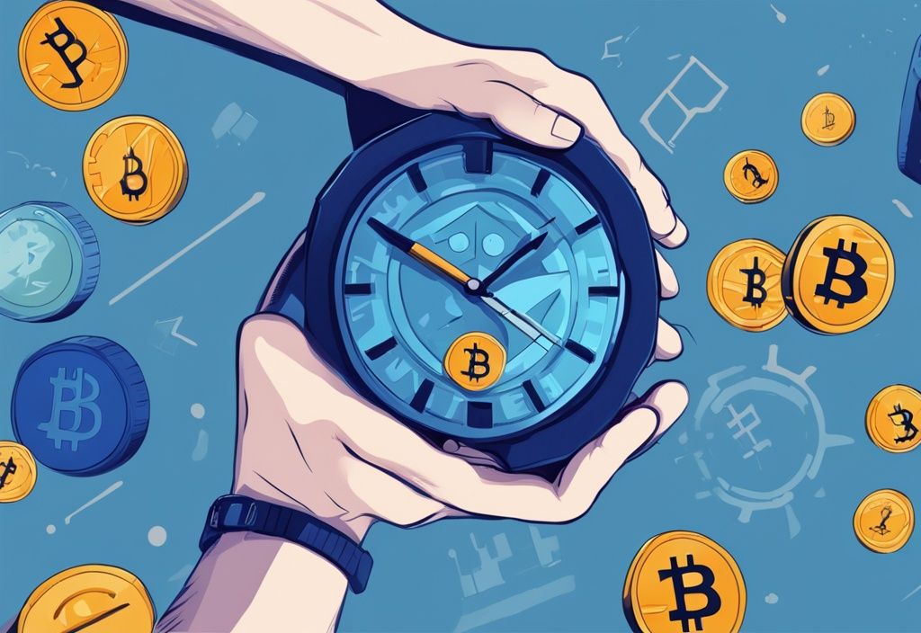 Moderne digitale Malerei mit blauem Farbschema, Hand hält fest eine Uhr mit Kryptowährungslogos anstelle von Zahlen, symbolisiert Haltezeit für Kryptowährungen.