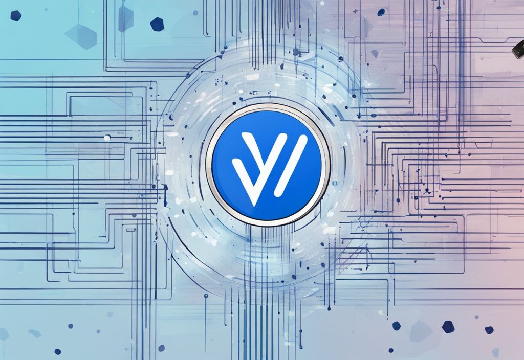 Moderne digitale Malerei mit blauem Farbschema, VeChain-Münze zwischen Blockchain-Daten