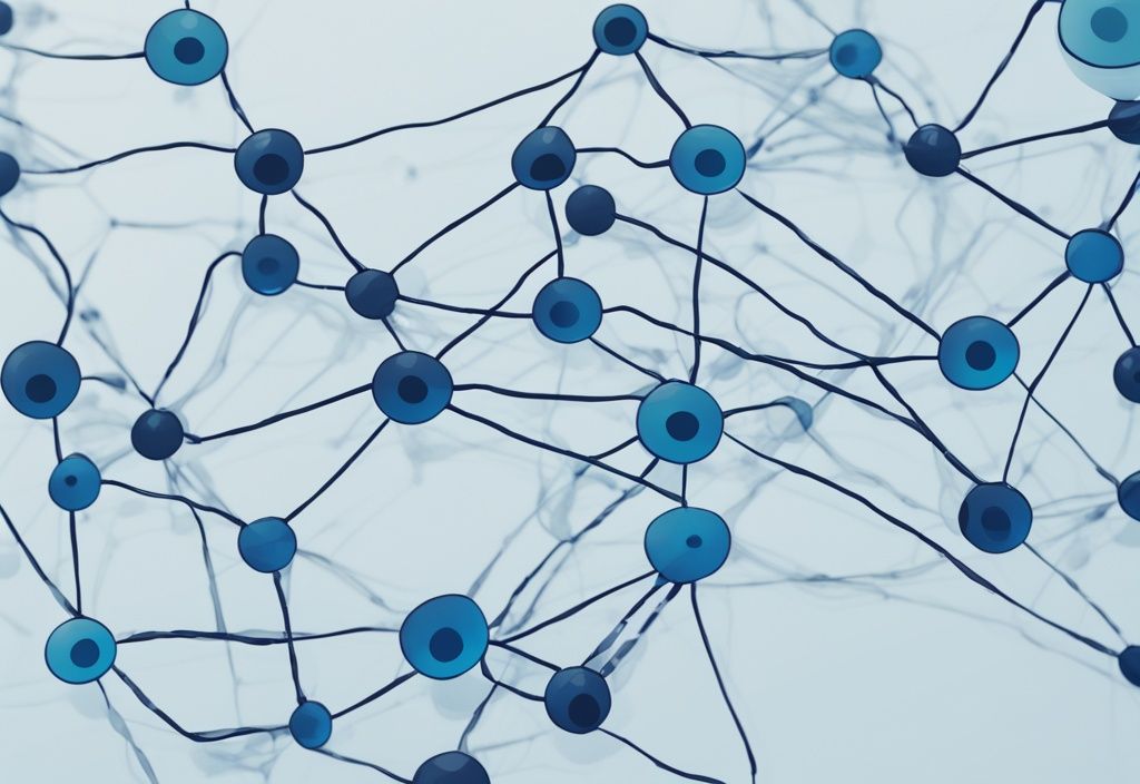 Modernes digitales Gemälde einer Netzwerkgraphik mit blauen Farbtönen und einem hervorgehobenen Knoten namens MyNode, der personalisierte Netzwerkinteraktionen darstellt.