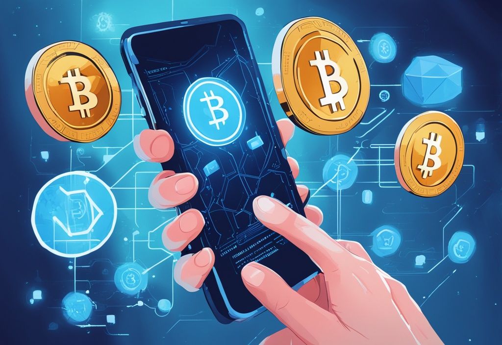 Moderne digitale Malerei mit blauem Farbschema, High-Tech-Smartphone mit Kryptowährungssymbolen und Blockchain-Transaktion auf dem Bildschirm.