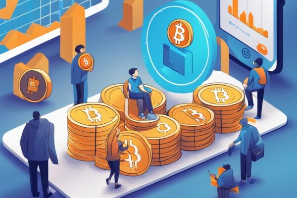 Zufriedene Nutzer machen Bitcoin-Transaktionen auf der Paxful-Plattform, vor einem Hintergrund mit einem positiven Wachstumstrend - Paxful Erfahrungen.