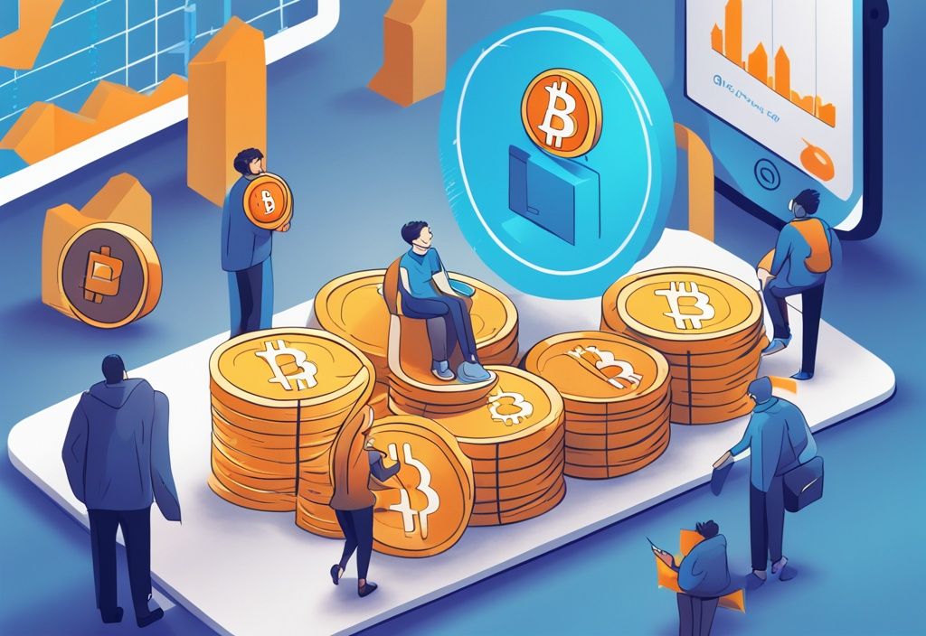 Zufriedene Nutzer machen Bitcoin-Transaktionen auf der Paxful-Plattform, vor einem Hintergrund mit einem positiven Wachstumstrend - Paxful Erfahrungen.