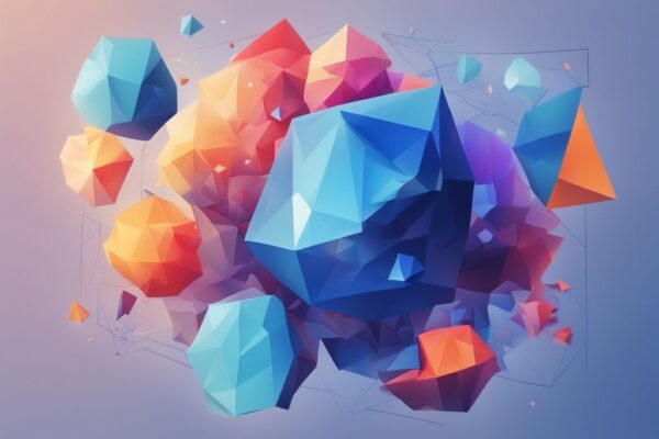 Moderne digitale Malerei mit blauen Farbtönen, schwebende bunte 3D-Polygone vor einem Verlaufshintergrund, zentrales Polygon zeigt Indikatoren und Grafiken für Polygon Prognose.