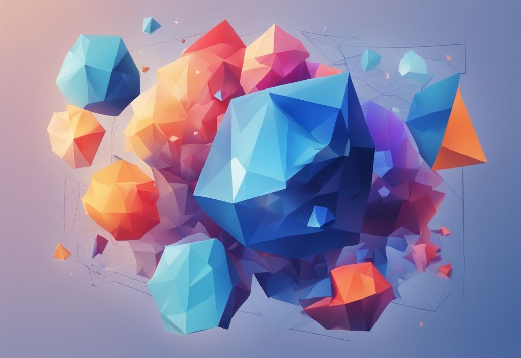 Moderne digitale Malerei mit blauen Farbtönen, schwebende bunte 3D-Polygone vor einem Verlaufshintergrund, zentrales Polygon zeigt Indikatoren und Grafiken für Polygon Prognose.