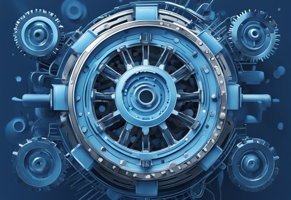 Moderne digitale Malerei mit blauem Farbschema, zeigt ein dreidimensionales, komplexes Zahnradmechanismus in Form des Cardano-Logos, repräsentiert die Technologie der Cardano-Blockchain, was ist Cardano.