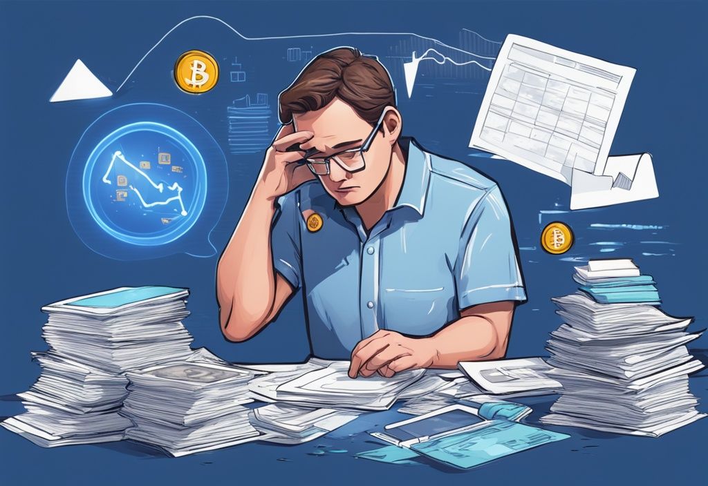 Moderner digitaler Gemäldeillustration eines gestressten Kryptowährungsinvestors mit blauen Farbtönen, umgeben von Papierstapeln, im Hintergrund schwankende Diagramme und Grafiken digitaler Währungen und Textblase mit "Spekulationssteuer".