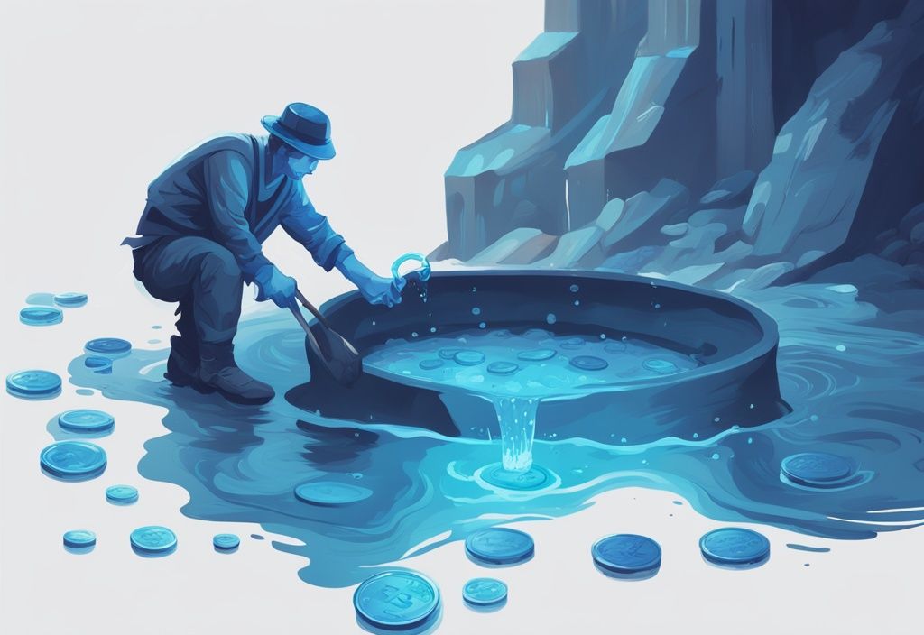 Moderner digitaler Malerei-Illustration mit blauem Farbschema, digitaler Miner extrahiert begeistert Münzen aus einem leuchtenden Liquiditätspool, symbolisiert hohe Renditen.