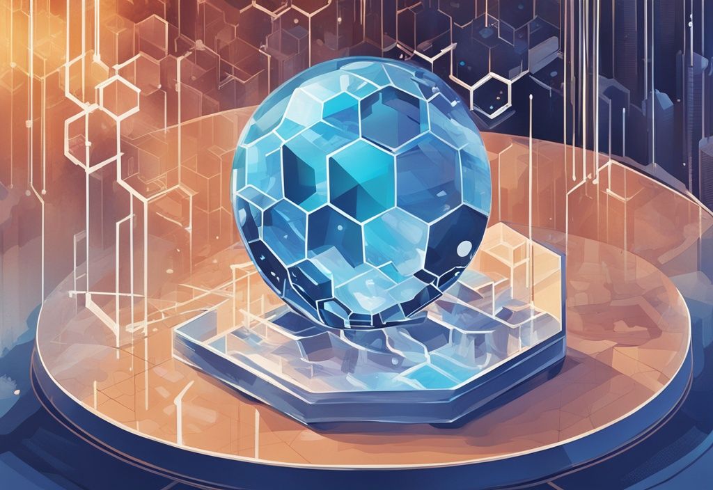 Moderne digitale Malerei mit blauem Farbschema, Kristallkugel auf einem Tisch reflektiert ein komplexes Wabenmuster mit Balkendiagrammen und futuristischen Ziffern zur Darstellung einer Vorhersage.