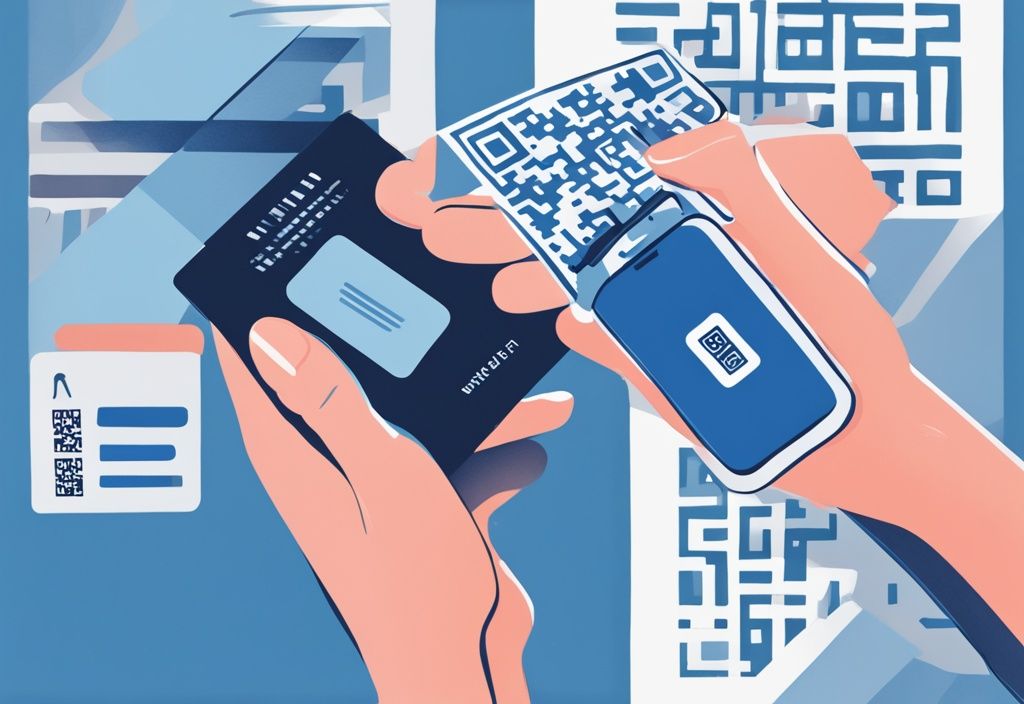 Moderne digitale Malerei, blaue Farbtöne, Hände halten Papier-Wallet und ziehen QR-Code heraus, symbolisiert Entnahme aus Papier-Wallet