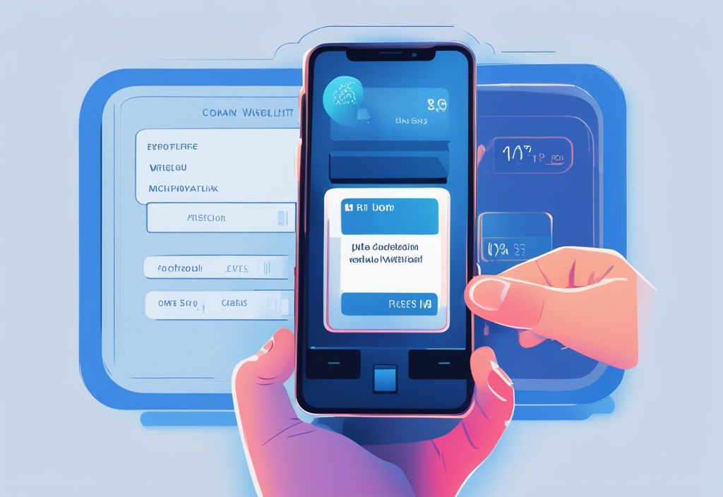 Moderne digitale Illustration eines Nutzers, der auf seinem Smartphone eine Bestätigungs-Taste in einer digitalen Wallet-Oberfläche drückt, wodurch ein Dialogfeld mit den berechneten Blockchain Auszahlung Gebühren angezeigt wird.