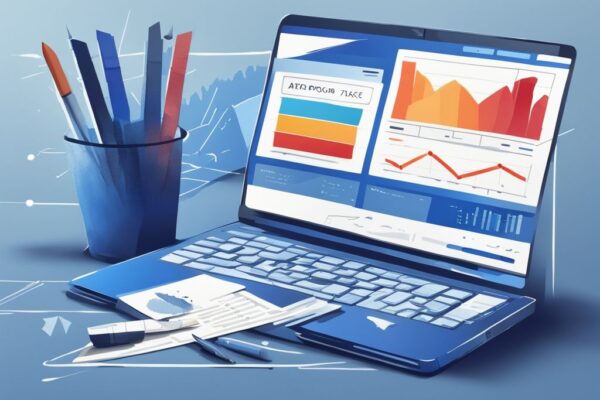 Modernes digitales Gemälde mit blauem Farbschema, zeigt einen eleganten Laptop mit detaillierter Infografik zu Staking Steuern, daneben ein Stift und Finanzberichte auf einem modernen Arbeitsplatz.