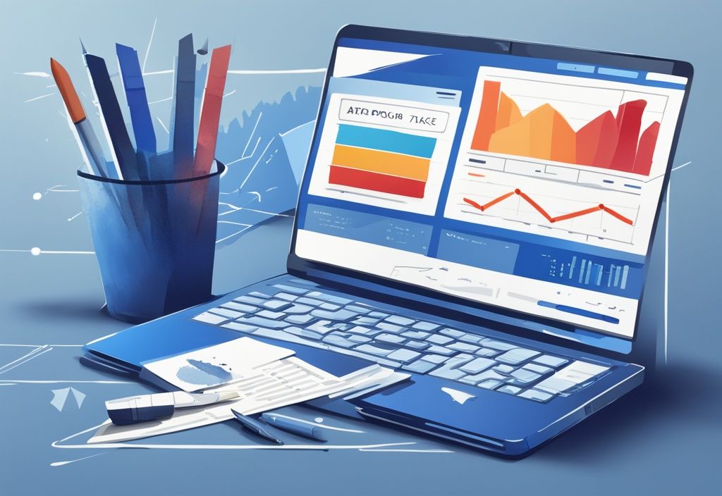 Modernes digitales Gemälde mit blauem Farbschema, zeigt einen eleganten Laptop mit detaillierter Infografik zu Staking Steuern, daneben ein Stift und Finanzberichte auf einem modernen Arbeitsplatz.