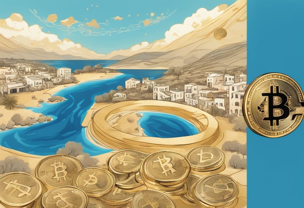Moderne digitale Illustration eines Zypern-Landschaftsbildes mit blauem Farbschema und einer goldenen Bitcoin-Münze im Vordergrund, umgeben von Symbolen für Steuern in Form von Prozentzeichen und Dollarzeichen - Zypern Krypto Steuern.