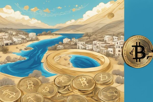 Zypern Krypto Steuern: Ihr Leitfaden zu steuerfreiem Krypto-Handel Moderne digitale Illustration eines Zypern-Landschaftsbildes mit blauem Farbschema und einer goldenen Bitcoin-Münze im Vordergrund, umgeben von Symbolen für Steuern in Form von Prozentzeichen und Dollarzeichen - Zypern Krypto Steuern.