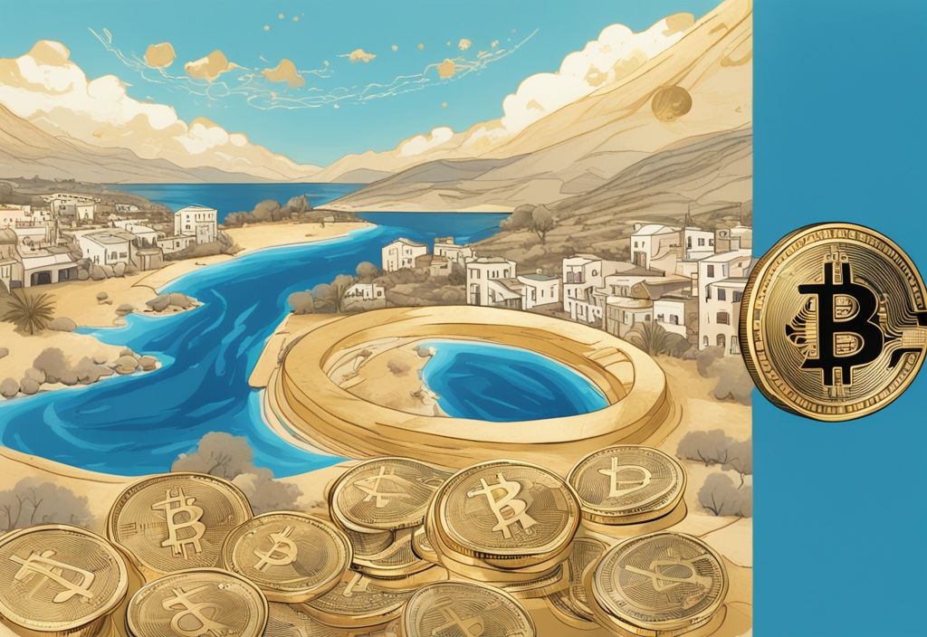 Moderne digitale Illustration eines Zypern-Landschaftsbildes mit blauem Farbschema und einer goldenen Bitcoin-Münze im Vordergrund, umgeben von Symbolen für Steuern in Form von Prozentzeichen und Dollarzeichen - Zypern Krypto Steuern.