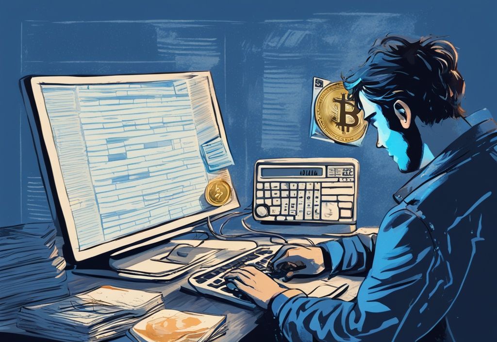 Moderner digitaler Gemäldeillustration mit Blau als Hauptfarbe, zeigt eine gestresste Person, die auf einen Computerbildschirm mit fallenden Kryptowährungswerten neben einem Stapel Steuerformulare schaut, muss man Krypto Verluste angeben.
