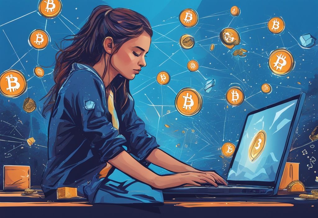 Moderne digitale Illustration einer Nutzerin, die in die Nutzung der CoinEx-Plattform auf ihrem Laptop vertieft ist, mit schwebenden Bitcoin- und Kryptowährungssymbolen, Hauptfarbthema Blau.
