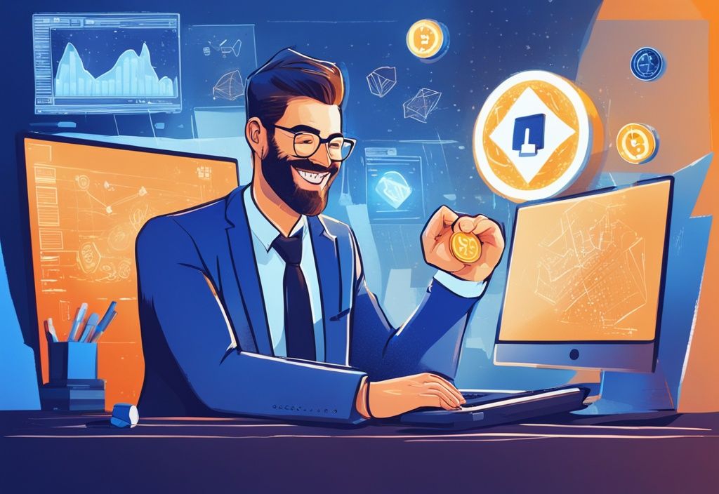 Reicher Investor lächelt vor Computerbildschirm mit steigenden Grafiken und Kryptowährungssymbolen, modernes digitales Gemälde in Blau.