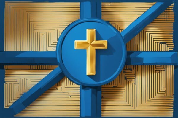 Moderne digitale Malerei mit blauem Farbschema, goldene Kreuzformation, die einen bullischen Trend auf einem stilisierten Bitcoin-Chart hervorhebt, golden cross Bitcoin
