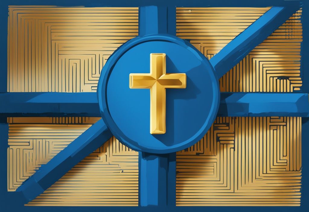 Moderne digitale Malerei mit blauem Farbschema, goldene Kreuzformation, die einen bullischen Trend auf einem stilisierten Bitcoin-Chart hervorhebt, golden cross Bitcoin