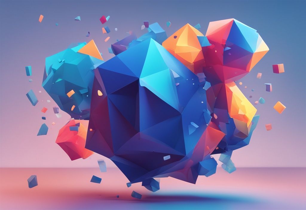 Moderne digitale Malerei mit blauen Farbtönen, schwebenden bunten 3D-Polygonen vor einem Farbverlaufshintergrund; zentrales Polygon zeigt Indikatoren und Grafiken zur Polygon Prognose.