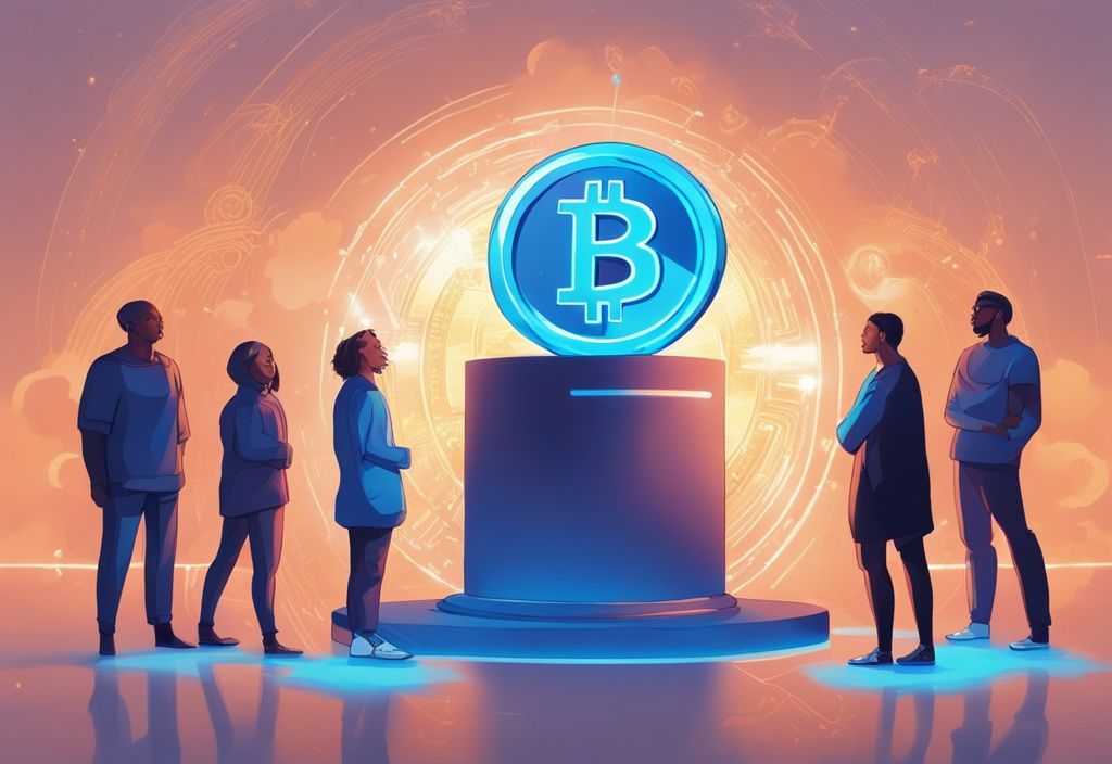 Moderne digitale Illustration, diverse Gruppe von Menschen aus verschiedenen beruflichen Hintergründen, die um ein leuchtendes Bitcoin-Symbol stehen, blaue Farbthematik, Wachstum und breite Akzeptanz von Kryptowährung darstellend.
