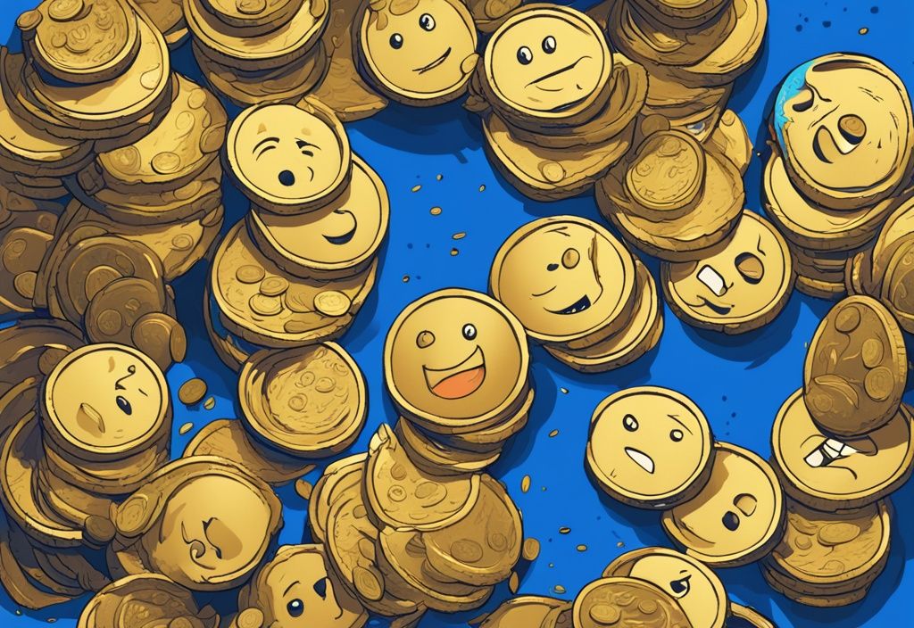 Moderne digitale Malerei mit blauem Farbschema, humorvoll übertriebener cartoonartiger Haufen goldener Münzen mit verschiedenen beliebten Meme-Gesichtern.