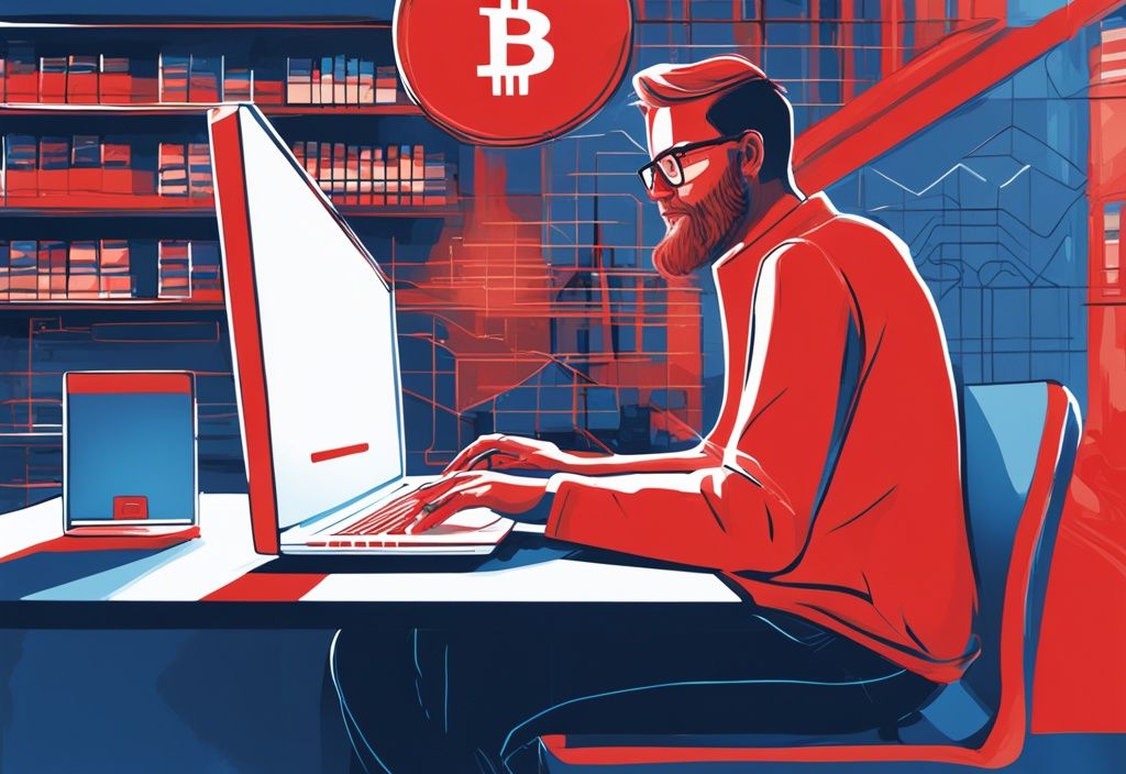 Mann nutzt Sparkasse Online-Banking auf Laptop mit geöffnetem Bitcoin-Marktplatz-Tab, Bitcoin kaufen Sparkasse.
