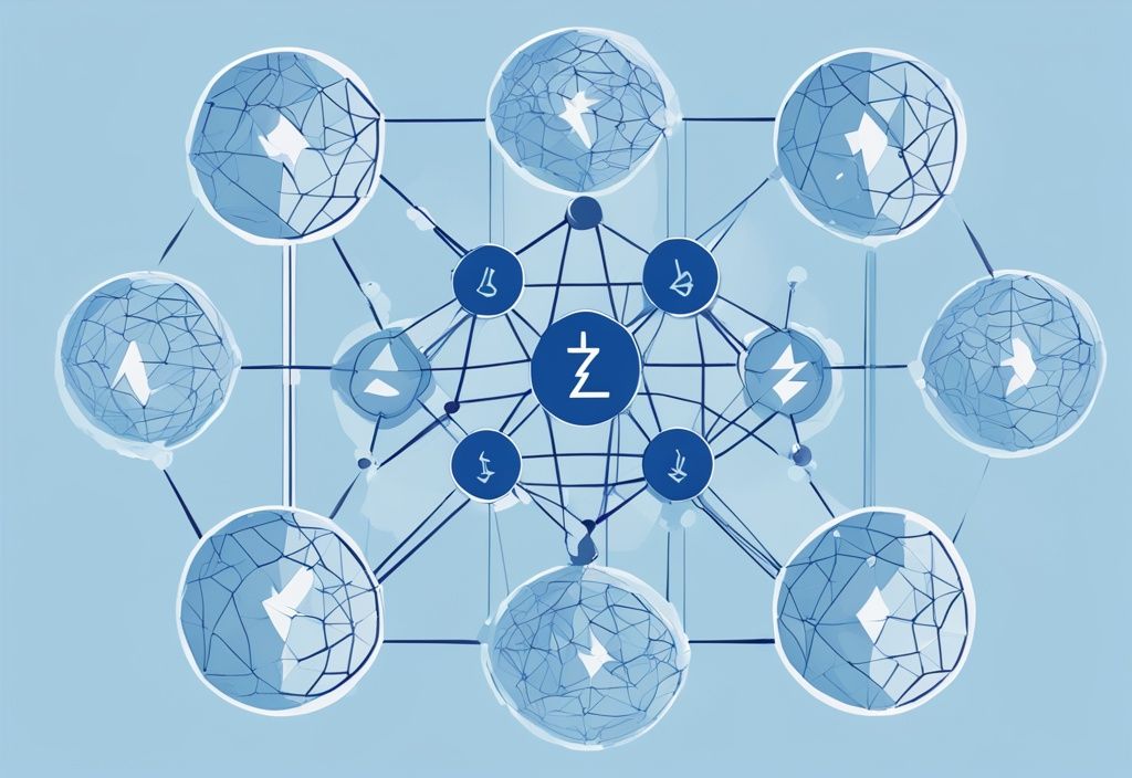 Moderne digitale Illustration mit blauem Farbschema, die ein Netzwerk von Knoten mit Symbolen verschiedener Kryptowährungen zeigt, um das Konzept der dezentralen Kryptobörsen zu symbolisieren.