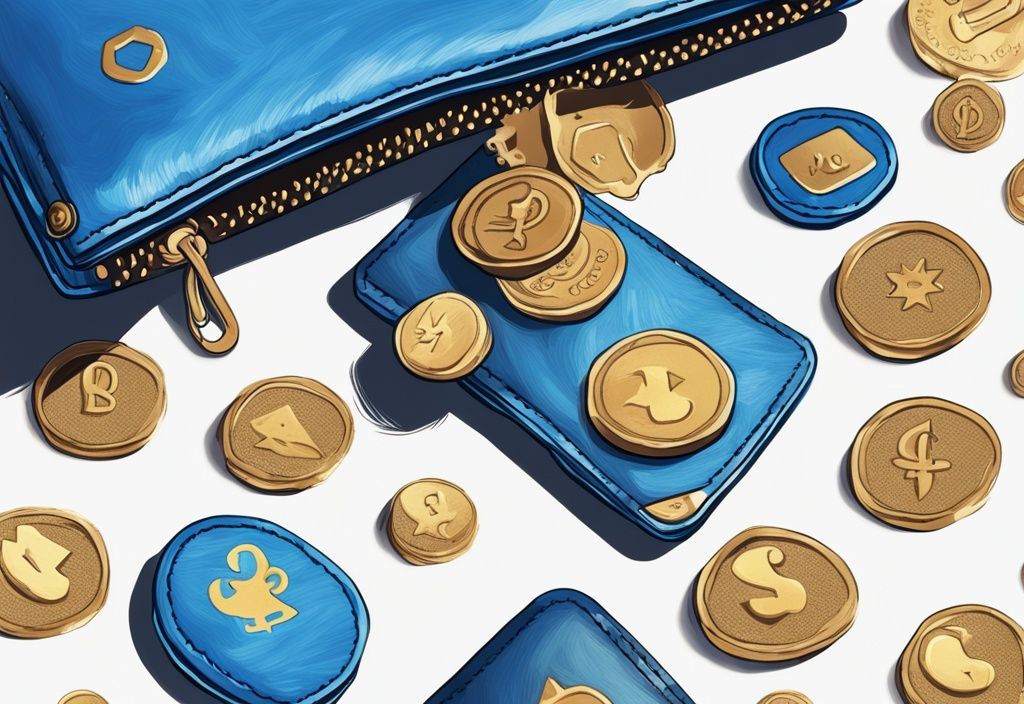 Moderne digitale Malerei mit blauem Farbschema, glänzende neue Meme Coins, die in ein stilvolles, offenes Lederportemonnaie fallen.
