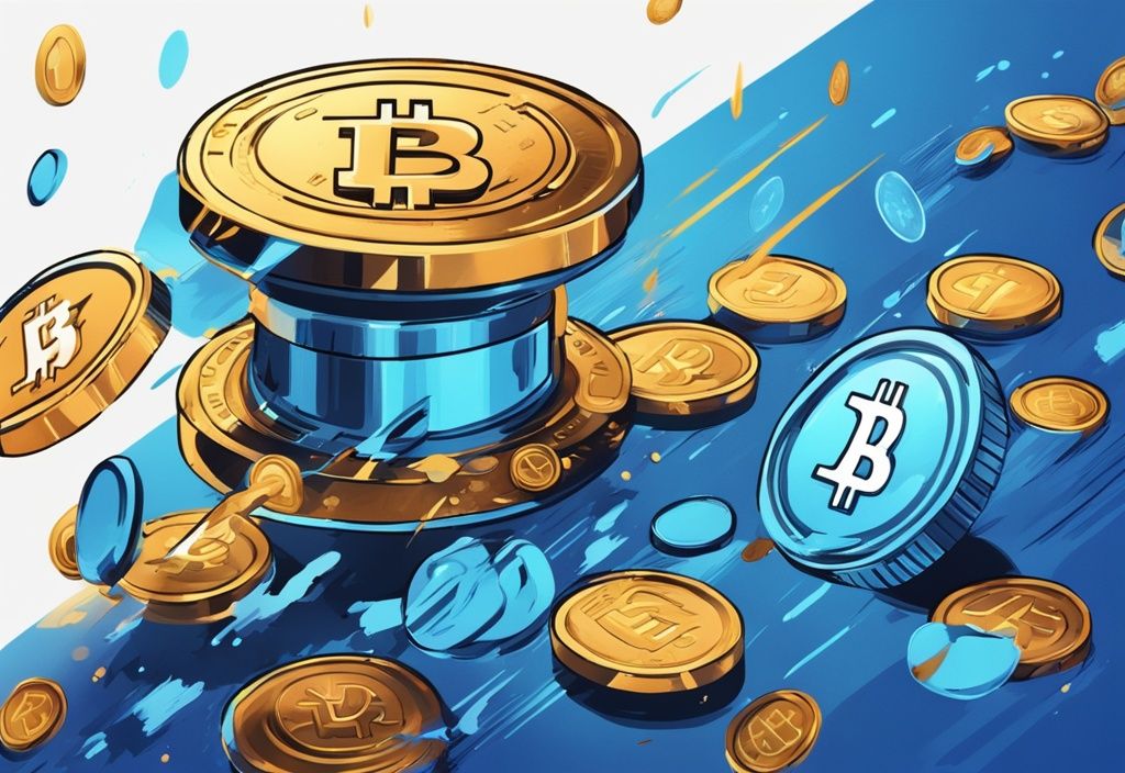 Digitale Illustration mit blauen Farbtönen, die Enjin Coin Kryptowährung zeigt, die in einen modernen, metallischen Motor fällt.