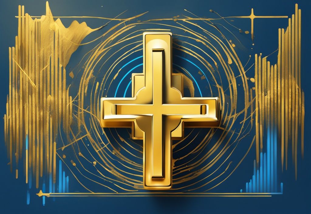 Moderne digitale Malerei mit blauem Farbschema, goldene Kreuzformation, die einen Bullentrend symbolisiert, hervorgehoben in einem stilisierten Bitcoin-Chart, golden cross Bitcoin
