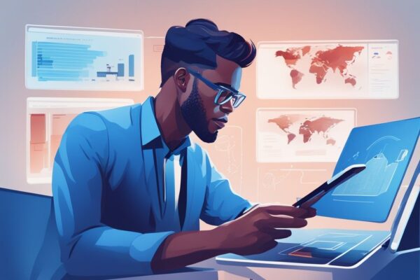 Erfahrungen und Bewertungen zu Accointing: Ihr Crypto Steuerhelfer Junger Profi navigiert durch virtuelles Accointing-Dashboard auf modernem Gerät, zeigt Fokus und Engagement – Accointing Erfahrungen.