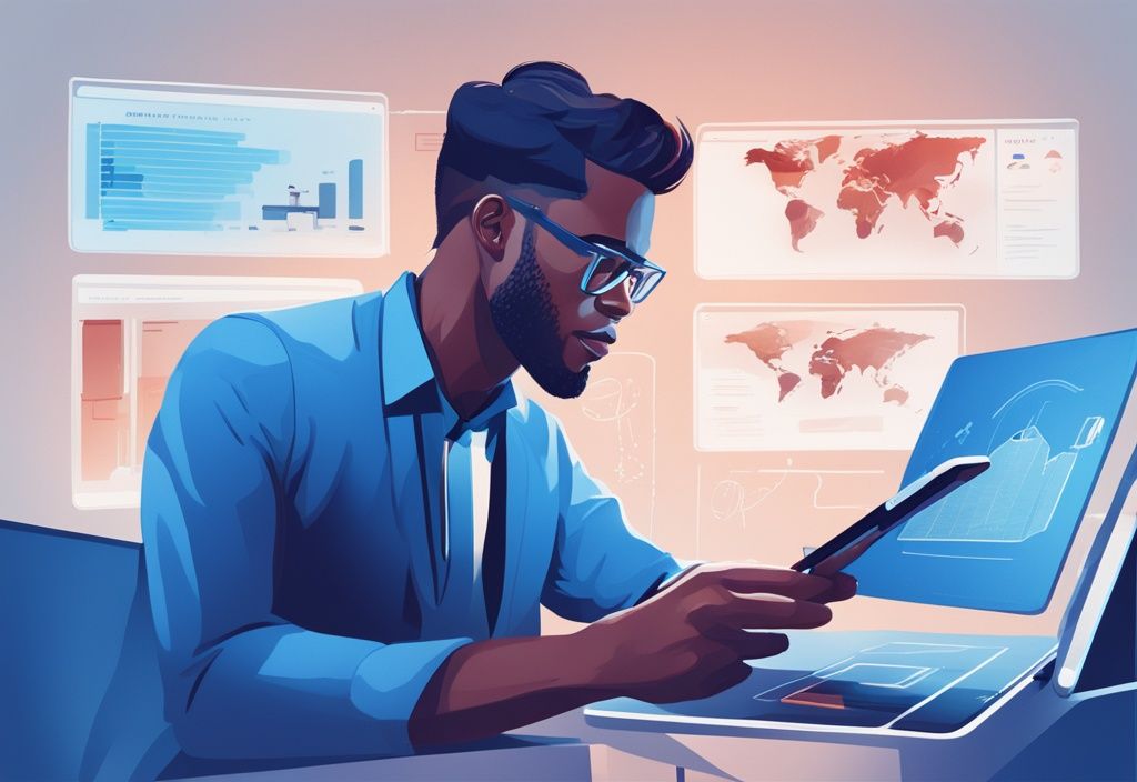Junger Profi navigiert durch virtuelles Accointing-Dashboard auf modernem Gerät, zeigt Fokus und Engagement – Accointing Erfahrungen.