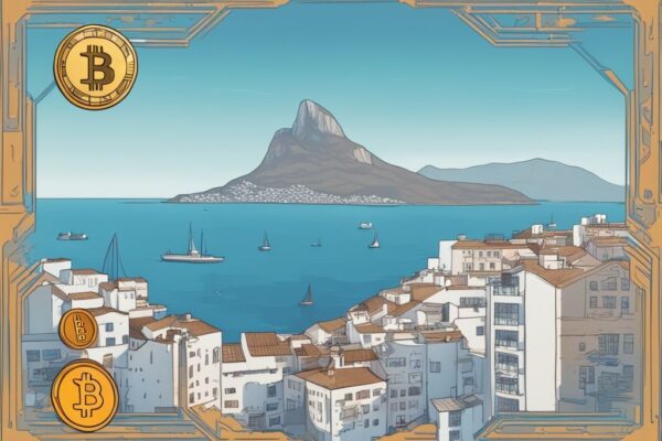 Moderne digitale Illustration in Blau von Gibraltar mit Krypto-Symbolen wie Bitcoin und Ethereum und Steuerelementen wie Prozentzeichen und Dollarzeichen, Gibraltar Krypto Steuern.
