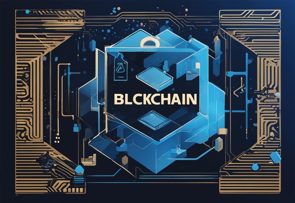 Moderne digitale Illustration der Blockchain-Technologie in Blau mit VanEck-Logo und Symbolen für Innovation und Kryptowährung.
