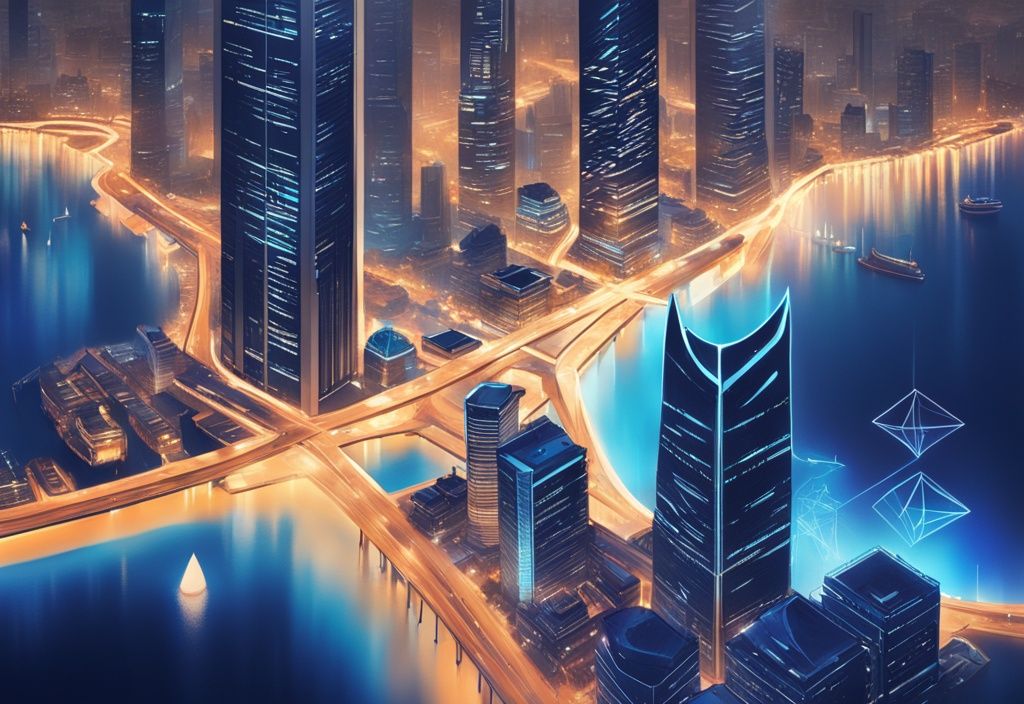 Ethereum-Logo interagiert mit digitaler Karte von Shanghai, blaues Farbschema, beleuchtete Bereiche für Updates