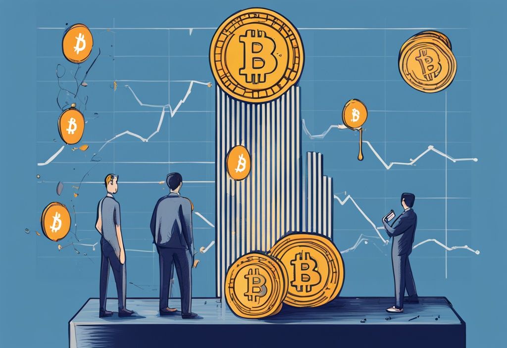 Moderne digitale Illustration eines steigenden Bitcoin-Werts vor einem blauen Hintergrund mit neugierigen Charakteren, die den Wert erkunden.