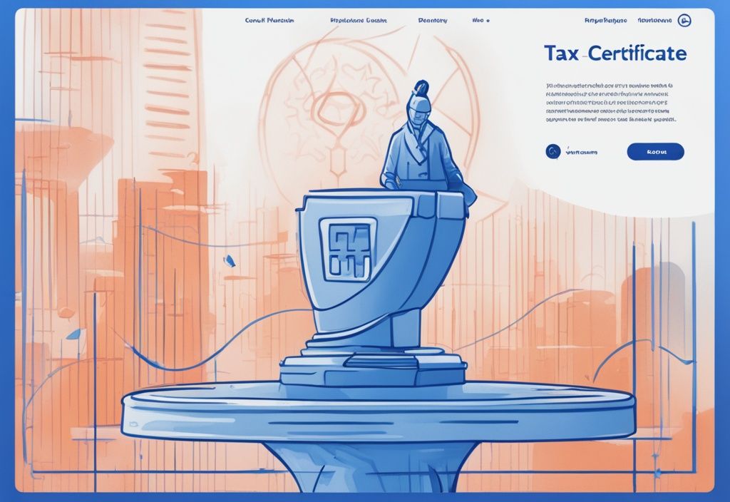 Moderne digitale Malerei mit blauem Farbschema, hervorgehobener Screenshot der Coinbase-Plattform mit Steuerbescheinigungsseite, zarte Linien und Hervorhebungen betonen wichtige Abschnitte.