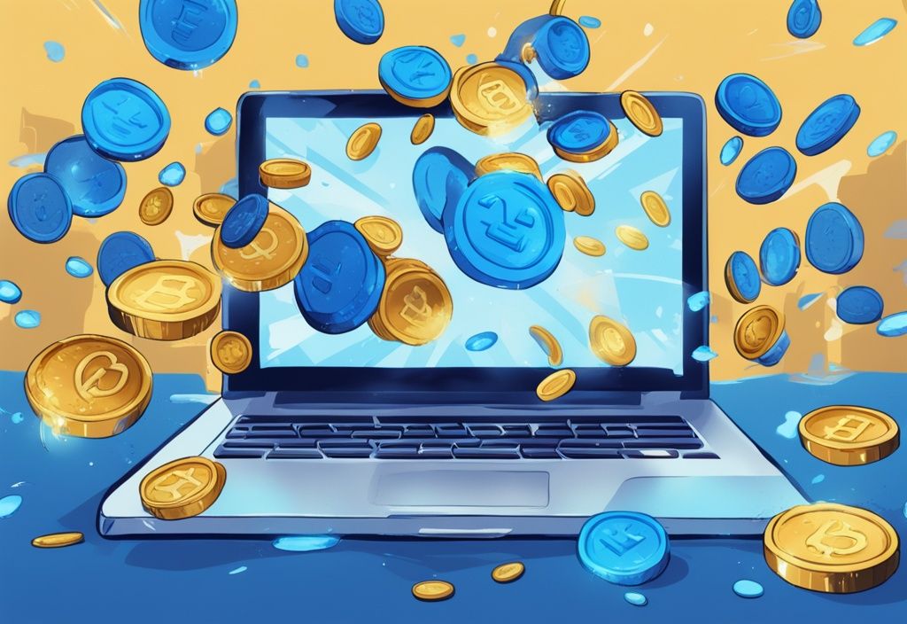 Moderne digitale Malerei mit blauem Farbschema, dynamischer Austausch glänzender Meme-Coins, die aus einem Laptop-Bildschirm springen, Konzept von Neuheit und Aufregung darstellend.