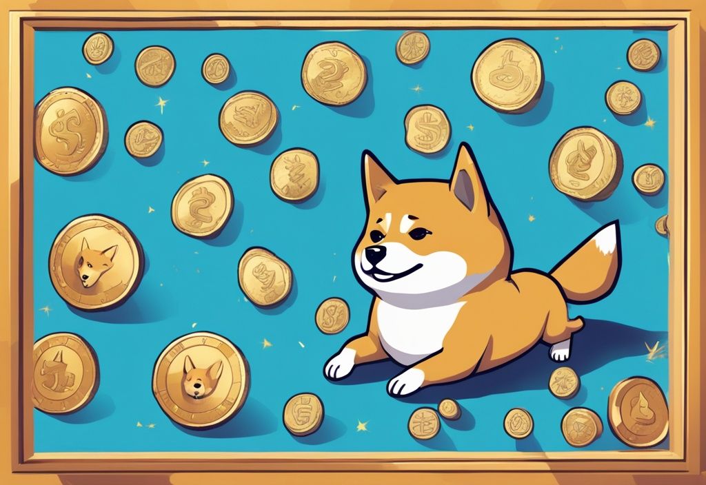 Spielerischer Shiba Inu Hund mit glänzenden digitalen Münzen, die den Playdoge Coin darstellen, moderne digitale Malerei, Hauptfarbe Blau