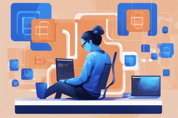 Moderne digitale Malerei, Person am Computer, die eine eigene Blockchain erstellen und auf dem Bildschirm Blöcke codieren.
