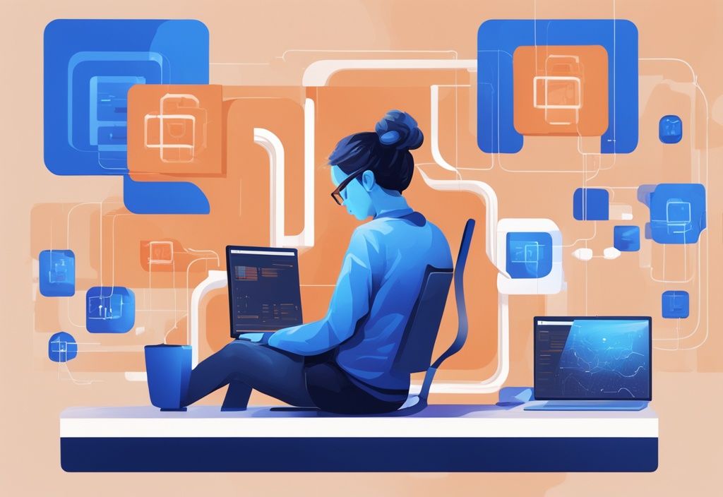 Moderne digitale Malerei, Person am Computer, die eine eigene Blockchain erstellen und auf dem Bildschirm Blöcke codieren.