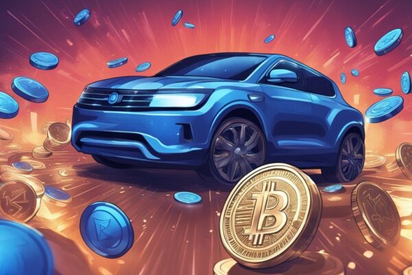 Moderne digitale Malerei mit blauen Farbtönen, die Enjin Coin zeigt, wie bunte digitale Münzen in einen schlanken, metallischen Motor fallen.