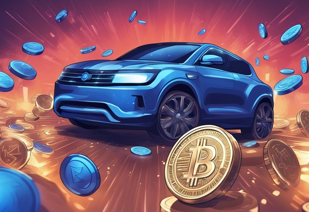 Moderne digitale Malerei mit blauen Farbtönen, die Enjin Coin zeigt, wie bunte digitale Münzen in einen schlanken, metallischen Motor fallen.