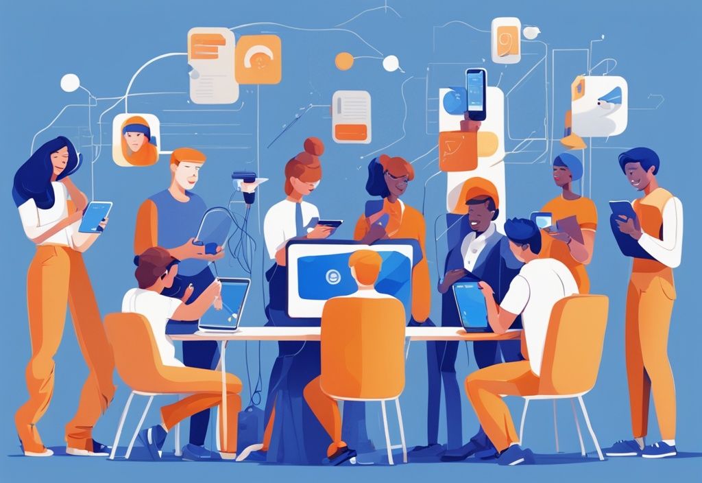 Moderne digitale Illustration einer vielfältigen Gruppe von Personen, die mit der Accointing-App auf verschiedenen digitalen Geräten interagieren, mit blauem Farbthema, zufrieden und ergebnisorientiert.
